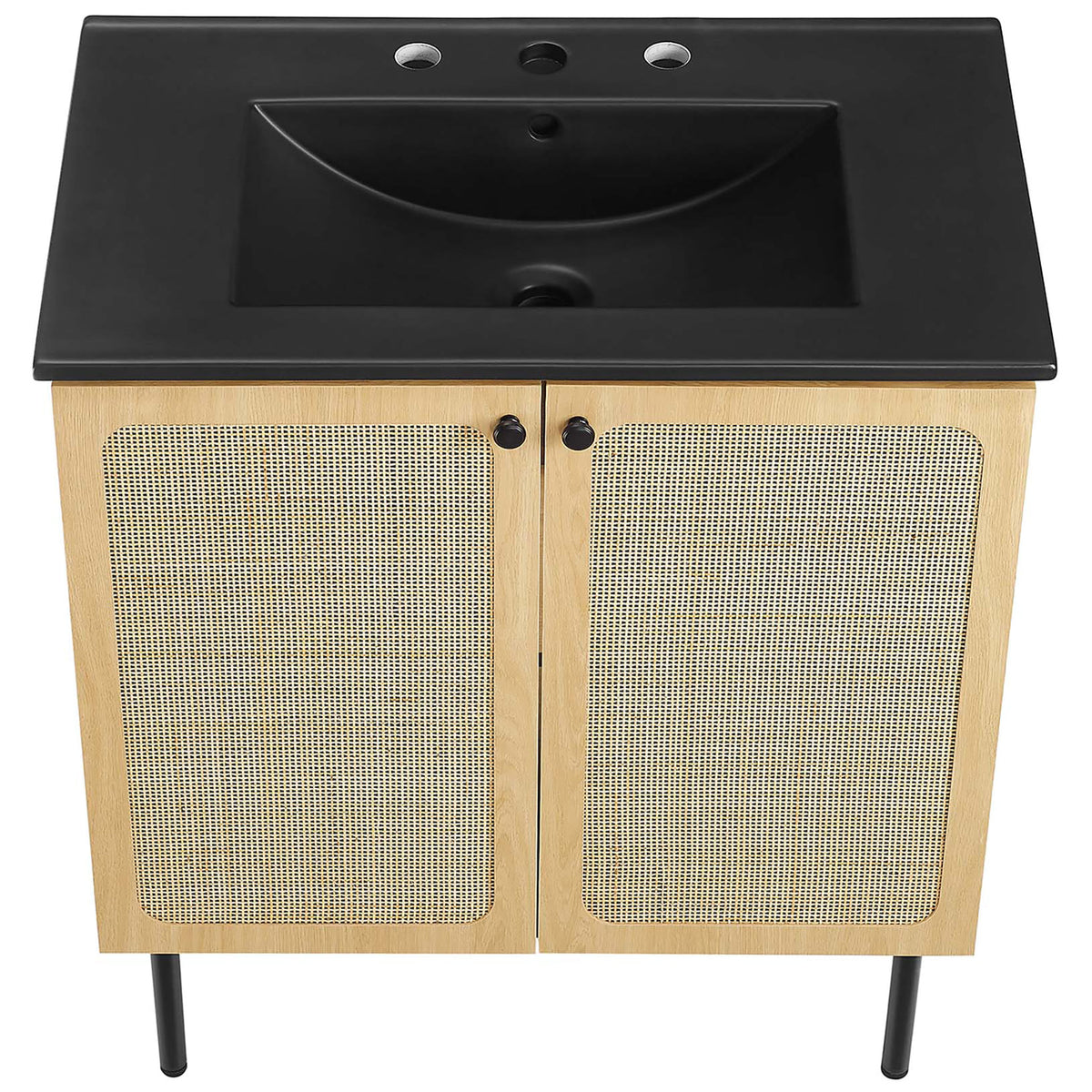 Wide sink deck offers ample counter area with integrated ceramic basin. || EEI-6696-OAK-BLK || top_angle_studio