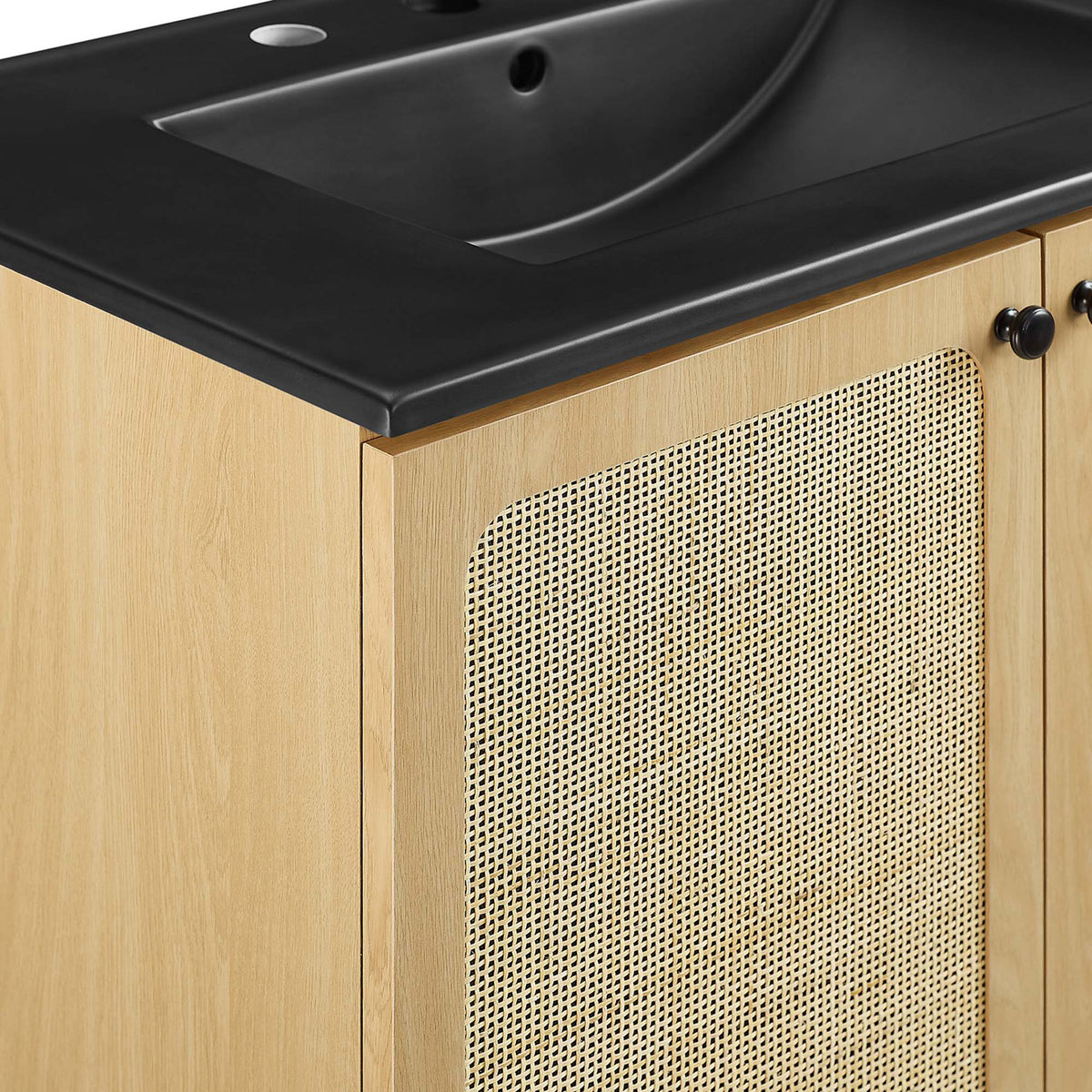 Refined edge detail blends seamlessly with oak finish and cane doors. || EEI-6696-OAK-BLK || detail_studio