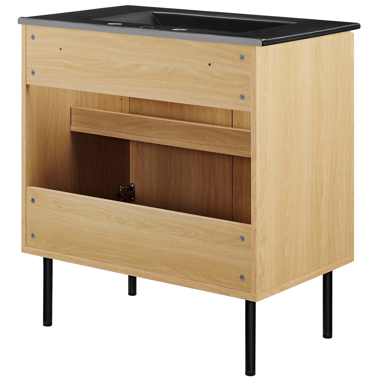 Back panel access and interior shelf simplify plumbing and storage needs. || EEI-6696-OAK-BLK || back_angle_studio