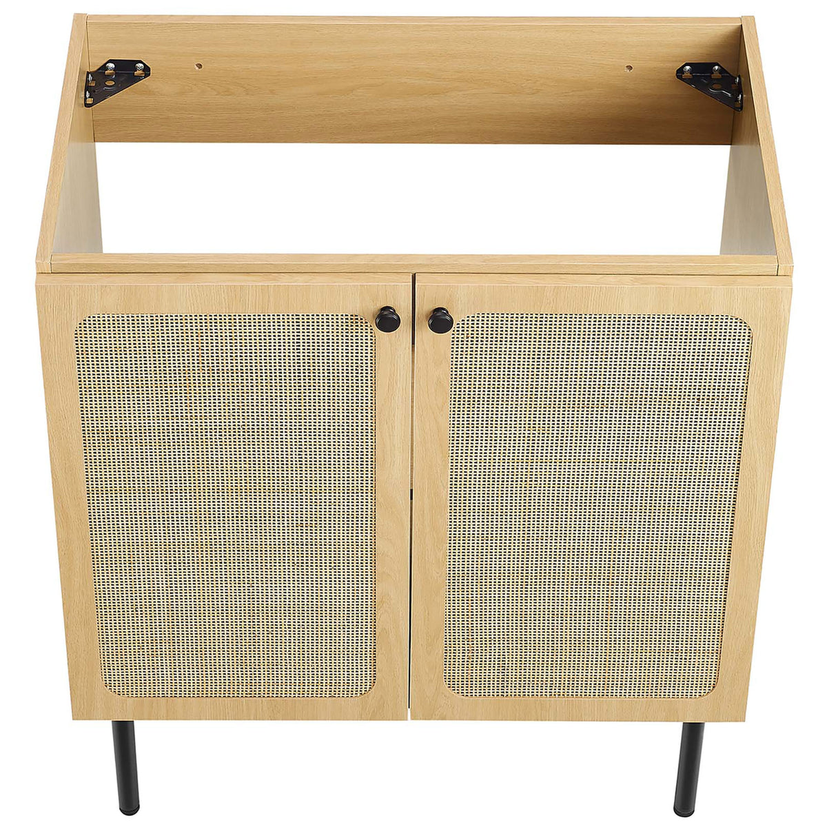 Open cabinet top ready to accept the matching integrated basin. || EEI-6696-OAK-BLK || top_angle_partial_studio