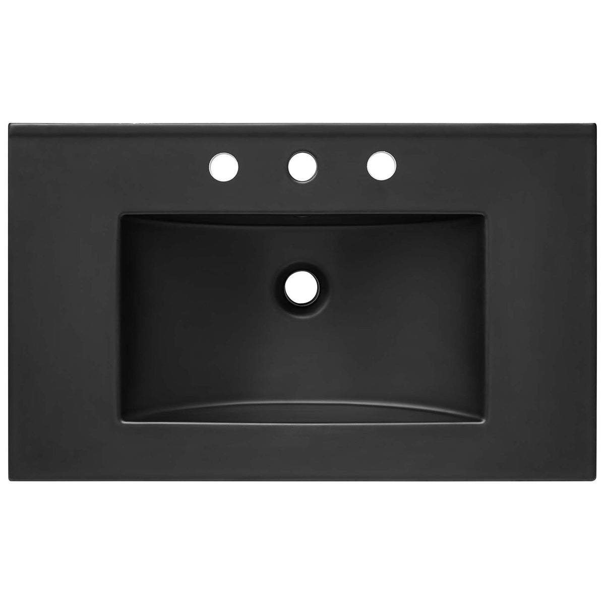 Rectangular black basin with clean lines and predrilled faucet holes. || EEI-6696-OAK-BLK || top_partial_studio