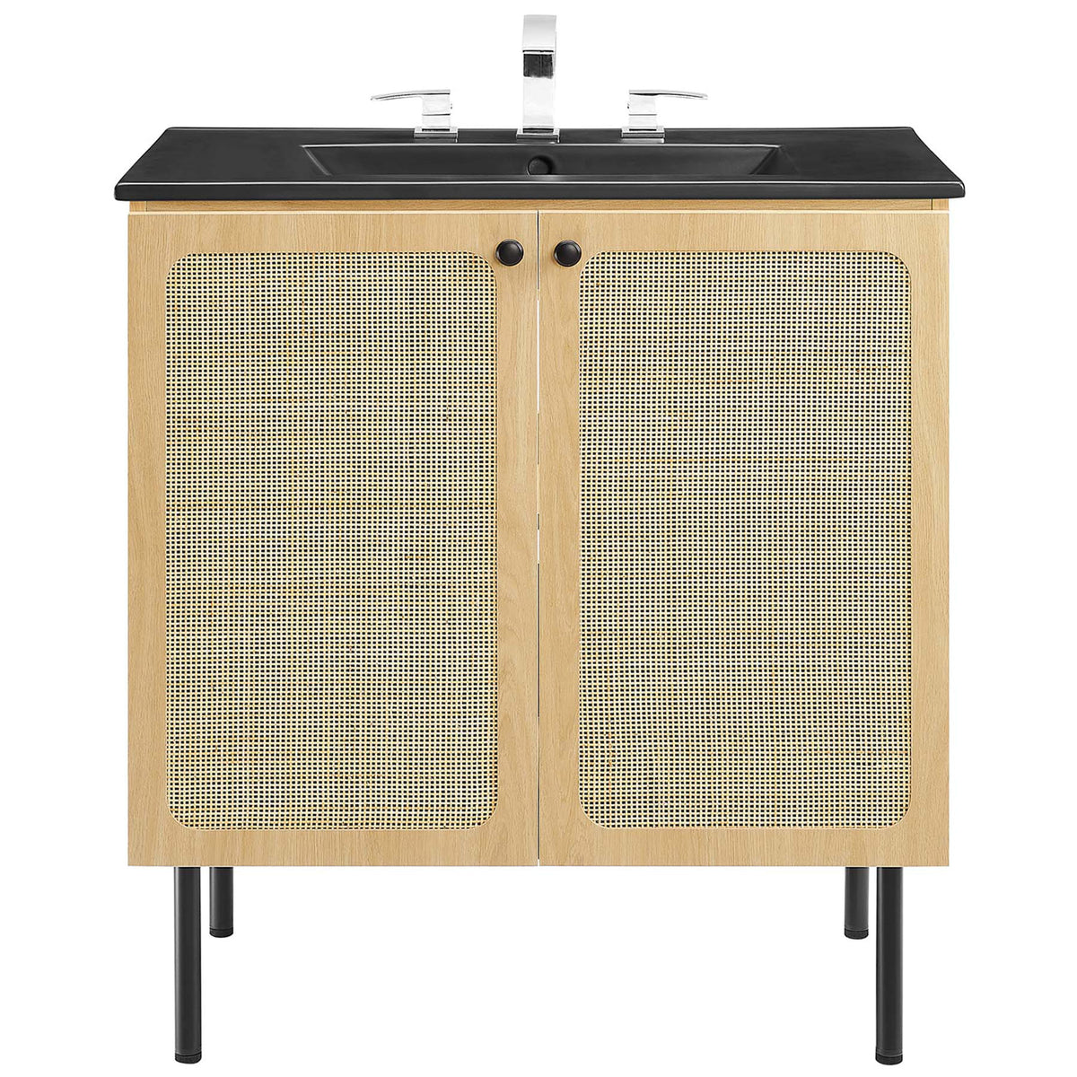 30-inch oak vanity pairs cane doors with a bold black ceramic sink for modern appeal. || EEI-6696-OAK-BLK || front_studio
