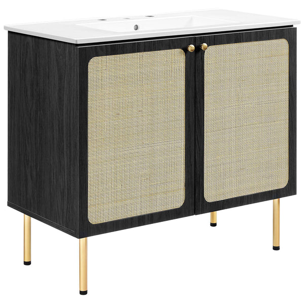 Generous 36 inch vanity merges woven rattan doors with a sleek white ceramic basin || EEI-6697-BLK-WHI || front_angle_studio