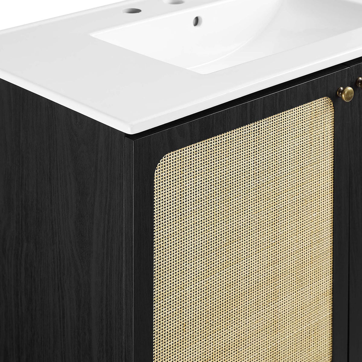 Rattan door texture and smooth ceramic edge shown up close || EEI-6697-BLK-WHI || detail_studio