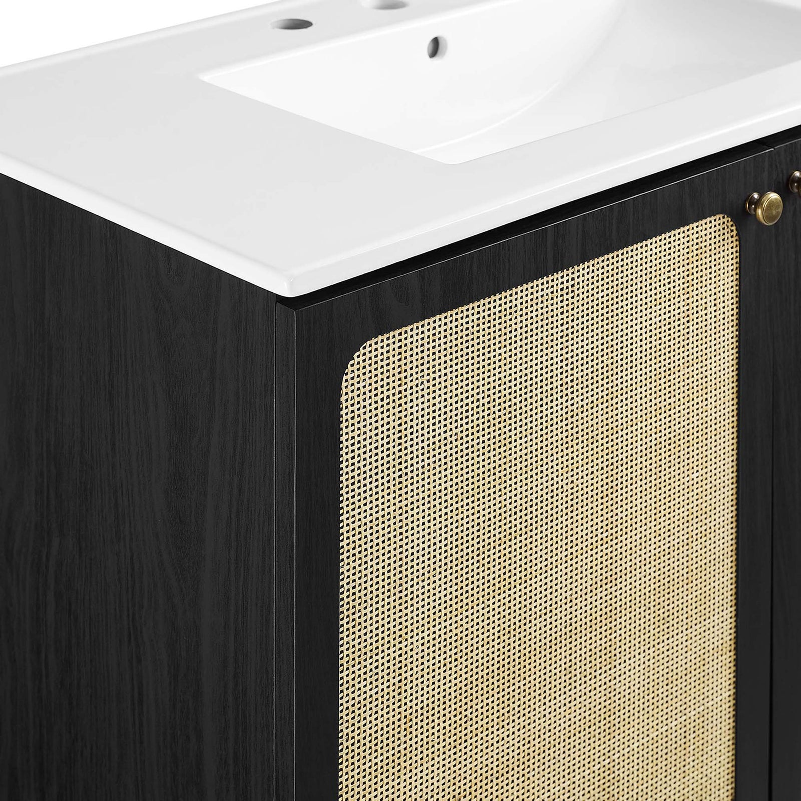 Rattan door texture and smooth ceramic edge shown up close || EEI-6697-BLK-WHI || detail_studio