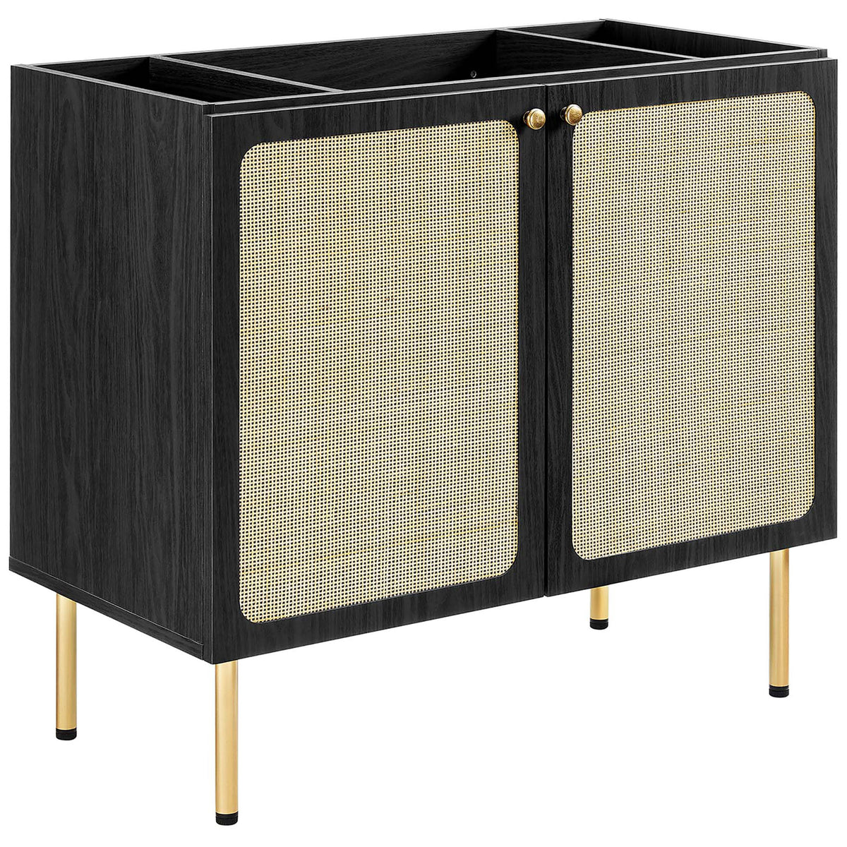 Bold black cabinet enlivened by airy rattan panels || EEI-6697-BLK-WHI || front_angle_partial_studio