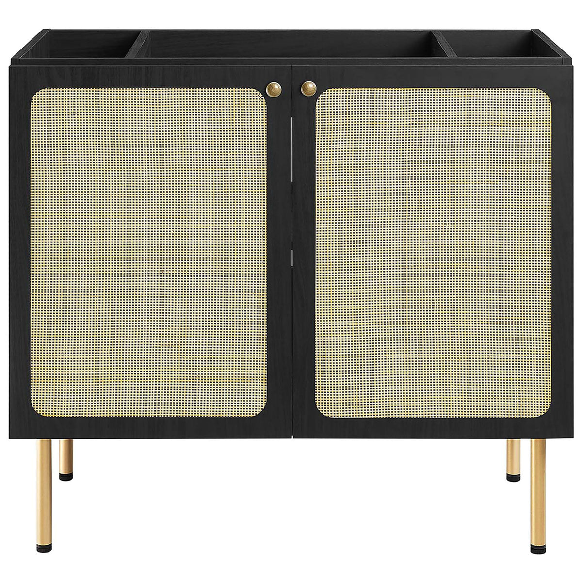 Expansive cabinet with twin rattan doors and classic brass pulls || EEI-6697-BLK-WHI || front_partial_studio
