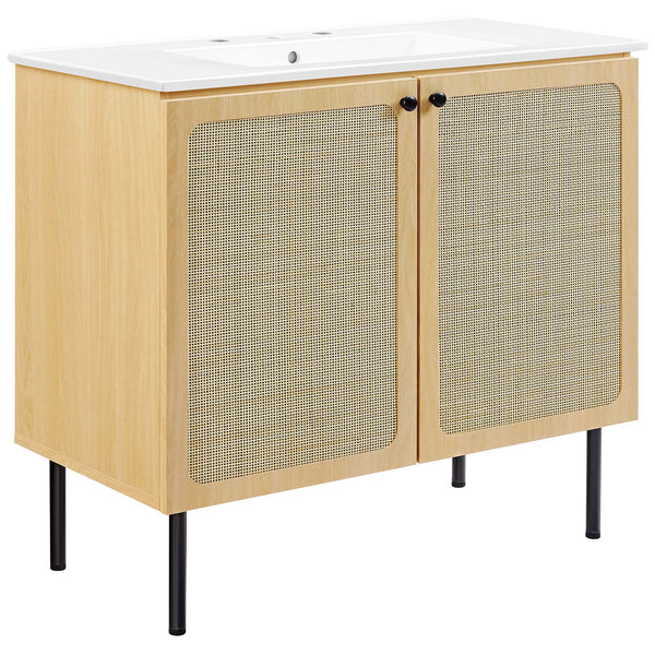 Spacious oak vanity with woven rattan doors, black knobs, and integrated ceramic sink || EEI-6697-OAK-WHI || front_angle_studio
