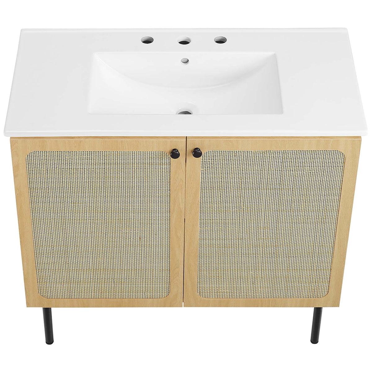 Broad ceramic counter with softly contoured basin tops the rattan-front cabinet || EEI-6697-OAK-WHI || top_angle_studio