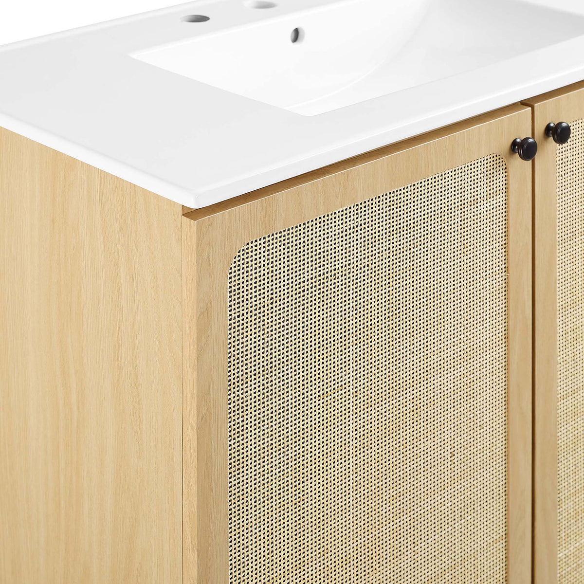 Crisp white ceramic contrasts the warm oak grain and woven rattan texture || EEI-6697-OAK-WHI || detail_studio