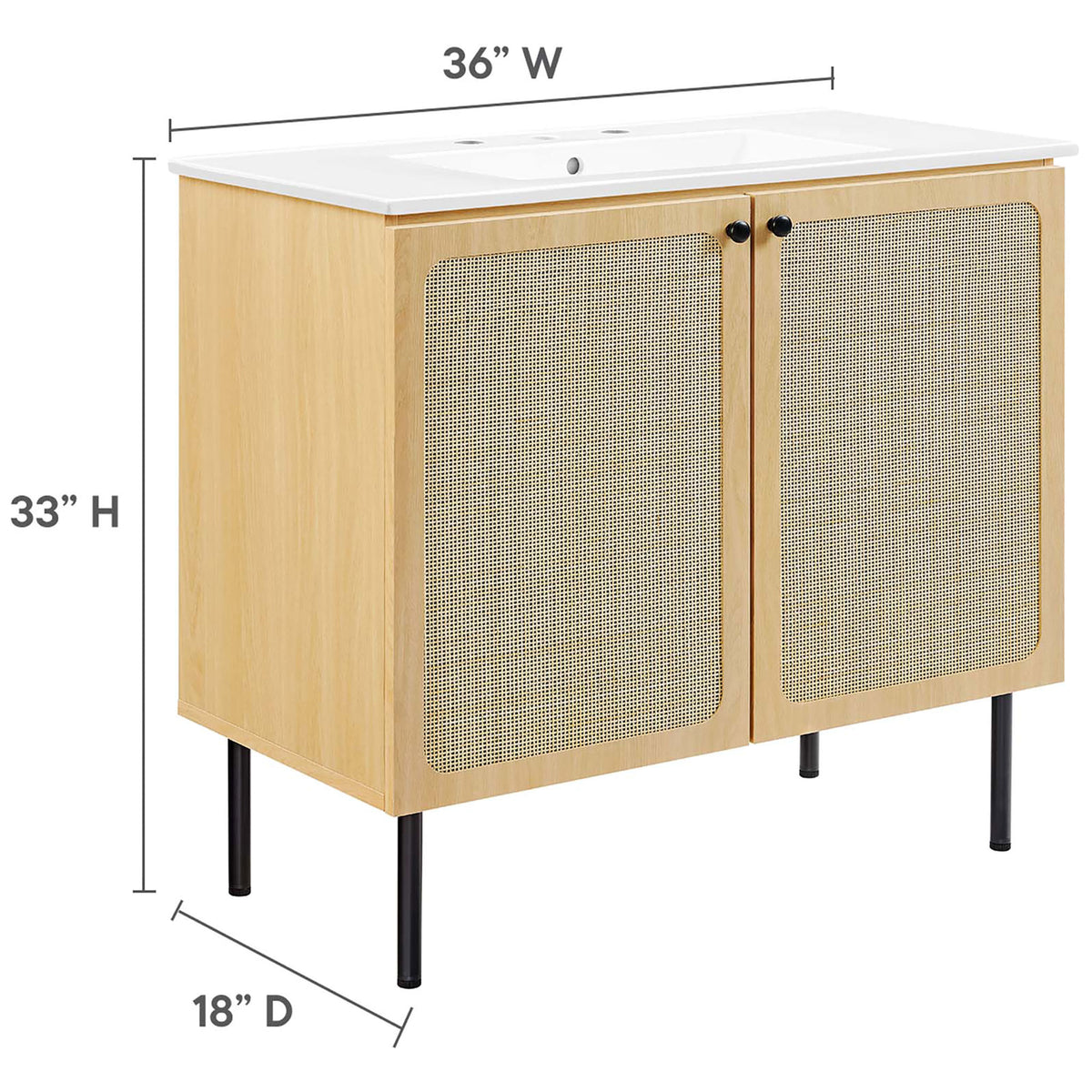 Dimensions for the 36 inch vanity: 36 W x 18 D x 33 H inches || EEI-6697-OAK-WHI || dimension_studio