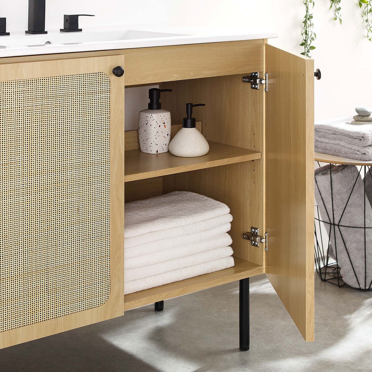 Ample interior shelving keeps towels and toiletries neatly tucked away || EEI-6697-OAK-WHI || front_open_room