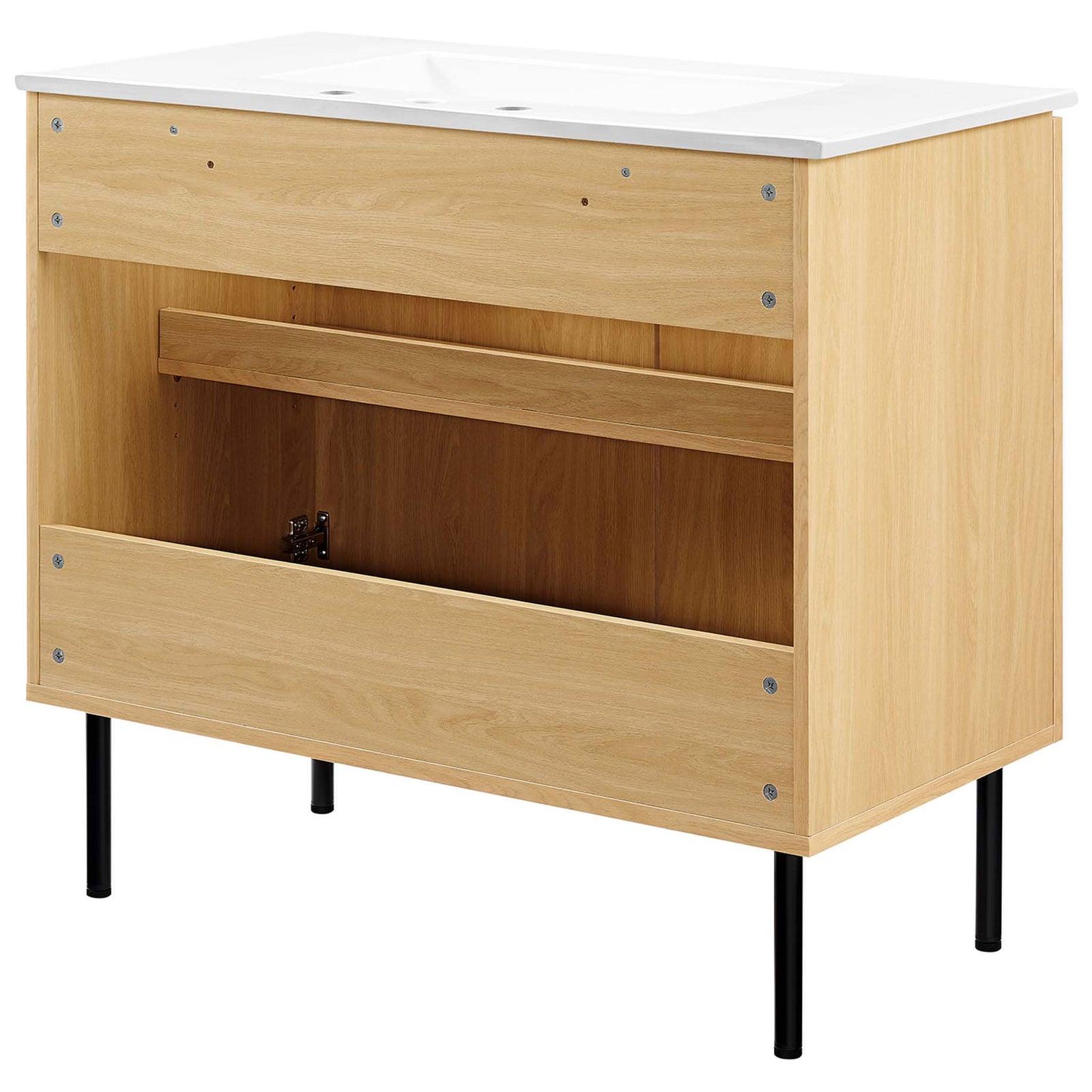 Large cabinet with open back for straightforward plumbing access || EEI-6697-OAK-WHI || back_angle_studio