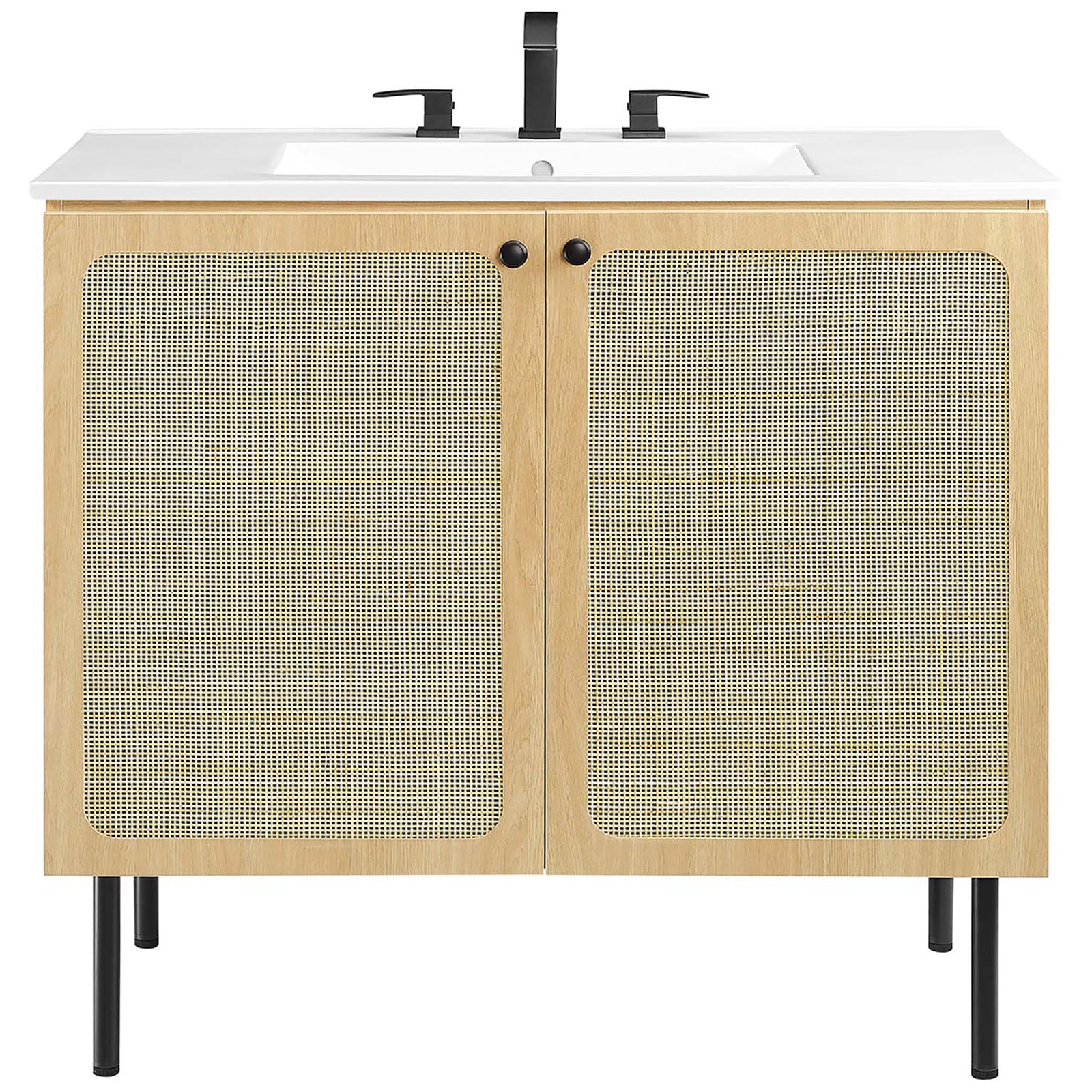 36 inch oak vanity showcases rattan doors beneath a clean ceramic sink for relaxed elegance || EEI-6697-OAK-WHI || front_studio