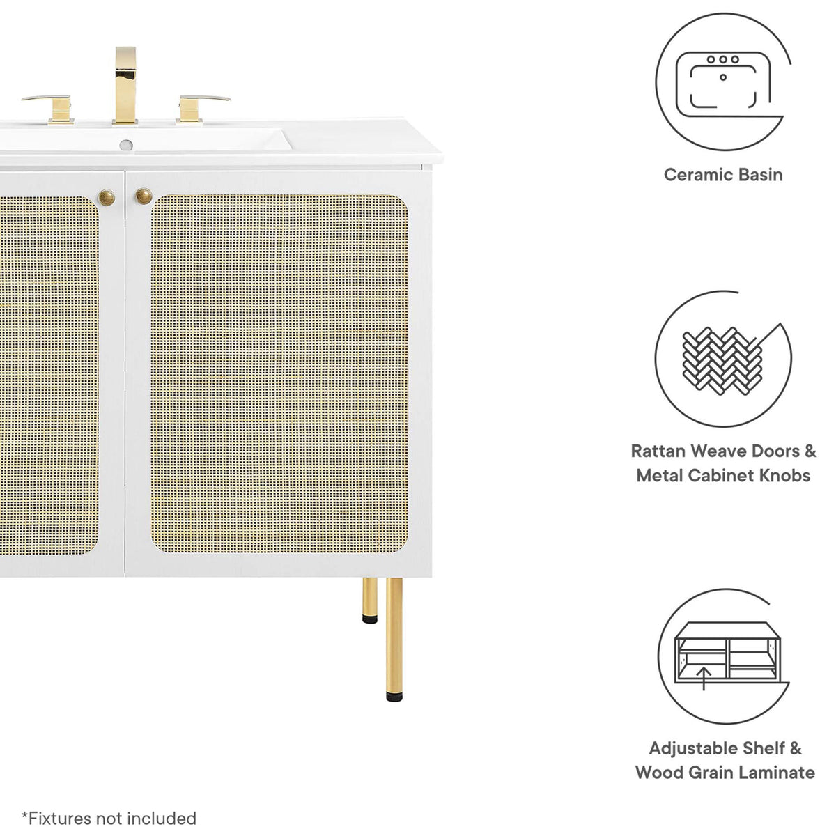Feature callouts spotlight ceramic basin, rattan doors, and adjustable shelf || EEI-6697-WHI-WHI || callout_studio