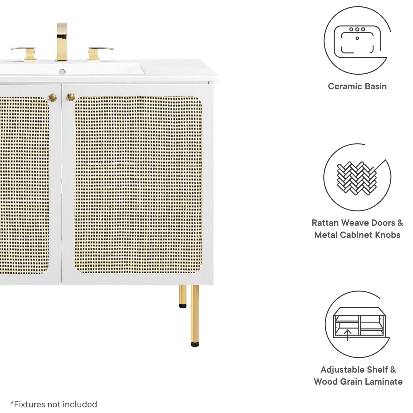 Feature callouts spotlight ceramic basin, rattan doors, and adjustable shelf || EEI-6697-WHI-WHI || callout_studio