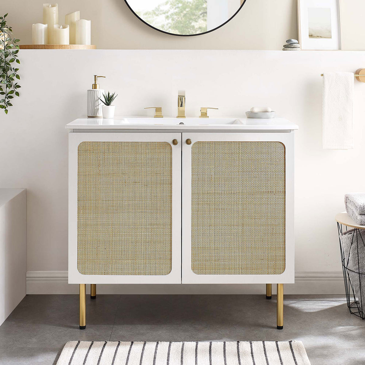 Inviting vanity ensemble elevates the bath with natural texture and warm metallics || EEI-6697-WHI-WHI || front_room