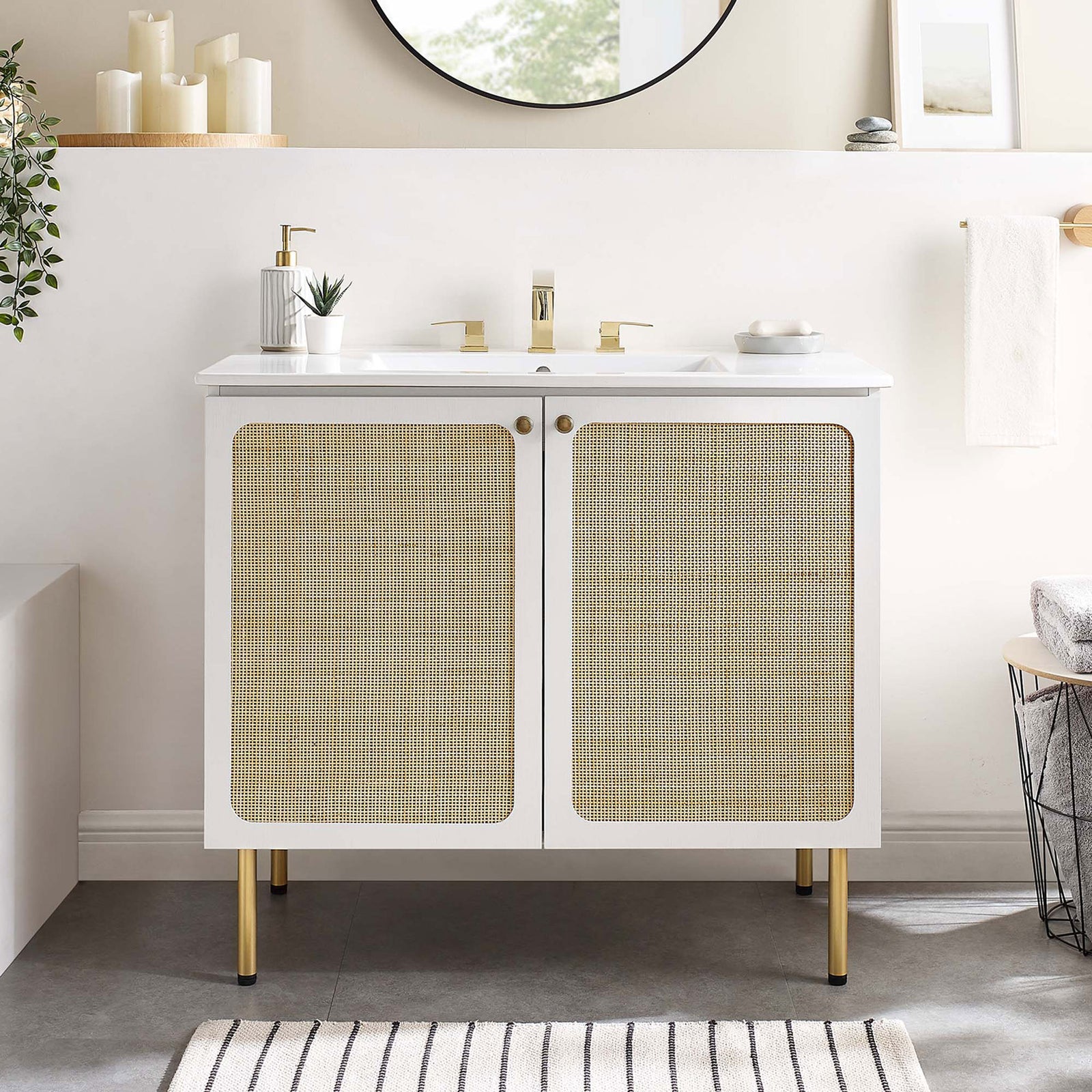 Inviting vanity ensemble elevates the bath with natural texture and warm metallics || EEI-6697-WHI-WHI || front_room
