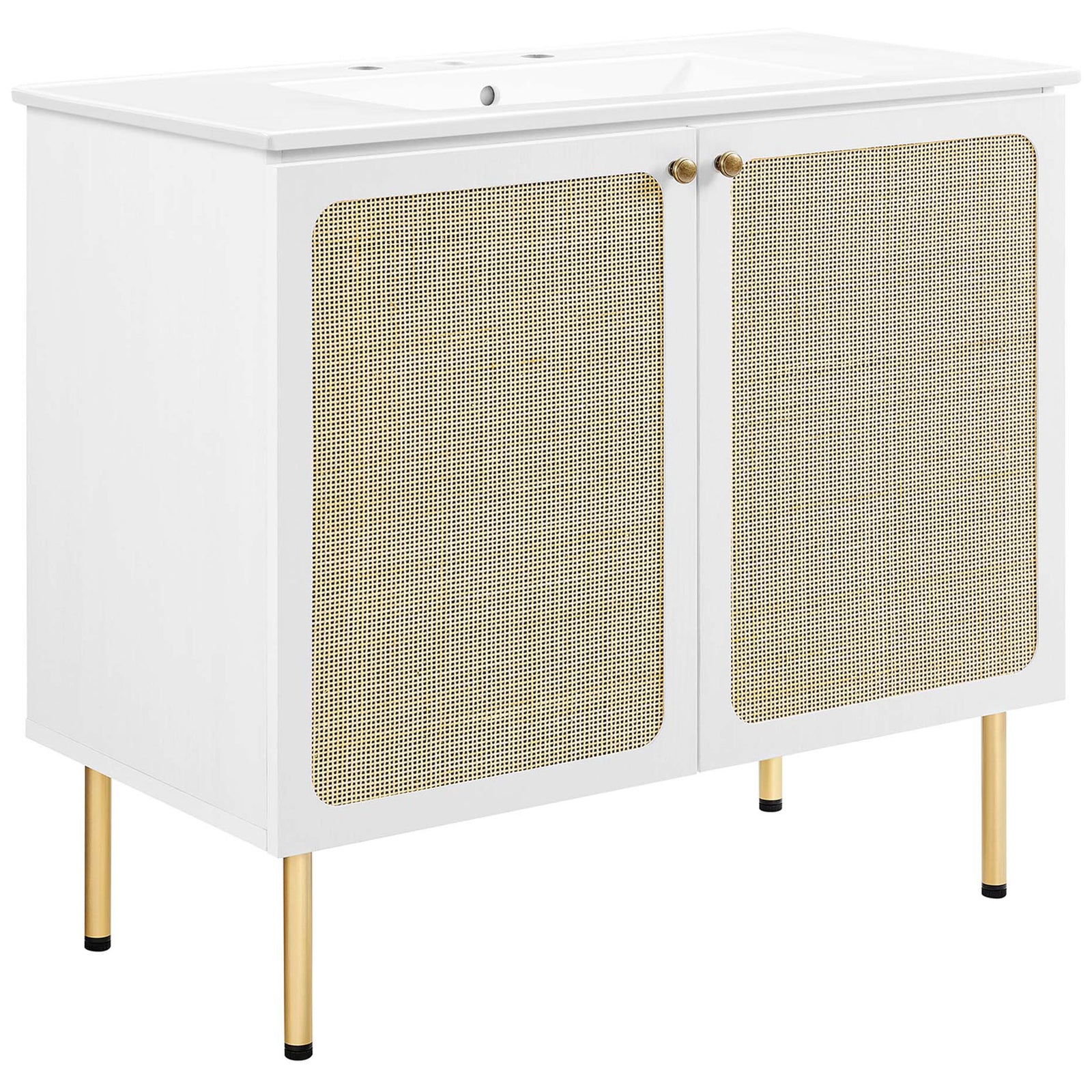 Rattan door insets, round knobs, and slim brass-tone legs on a bright white base || EEI-6697-WHI-WHI || front_angle_studio
