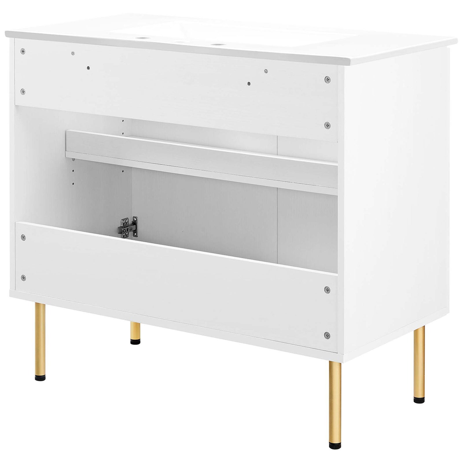 Back panel cutout for plumbing access and sturdy construction on brass-tone legs || EEI-6697-WHI-WHI || back_angle_studio