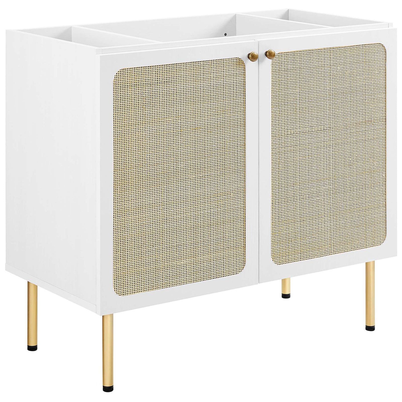 Woven door texture and round metal knobs lend organic charm to the cabinet || EEI-6697-WHI-WHI || front_angle_partial_studio