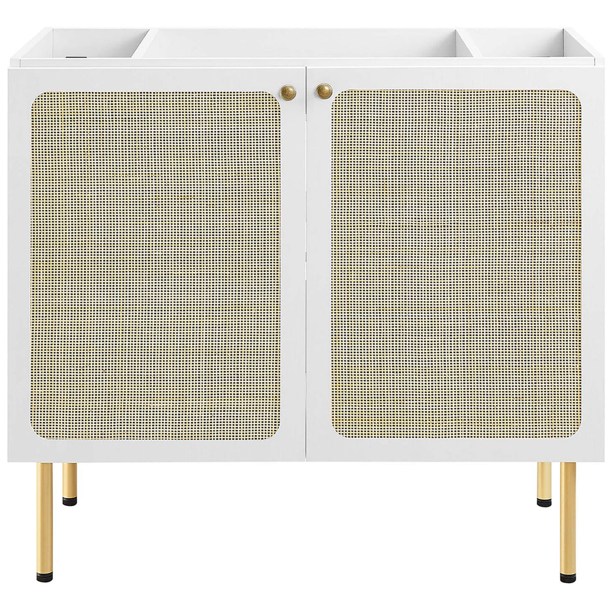 White vanity cabinet with cane-textured doors and brass knobs on tall legs || EEI-6697-WHI-WHI || front_partial_studio