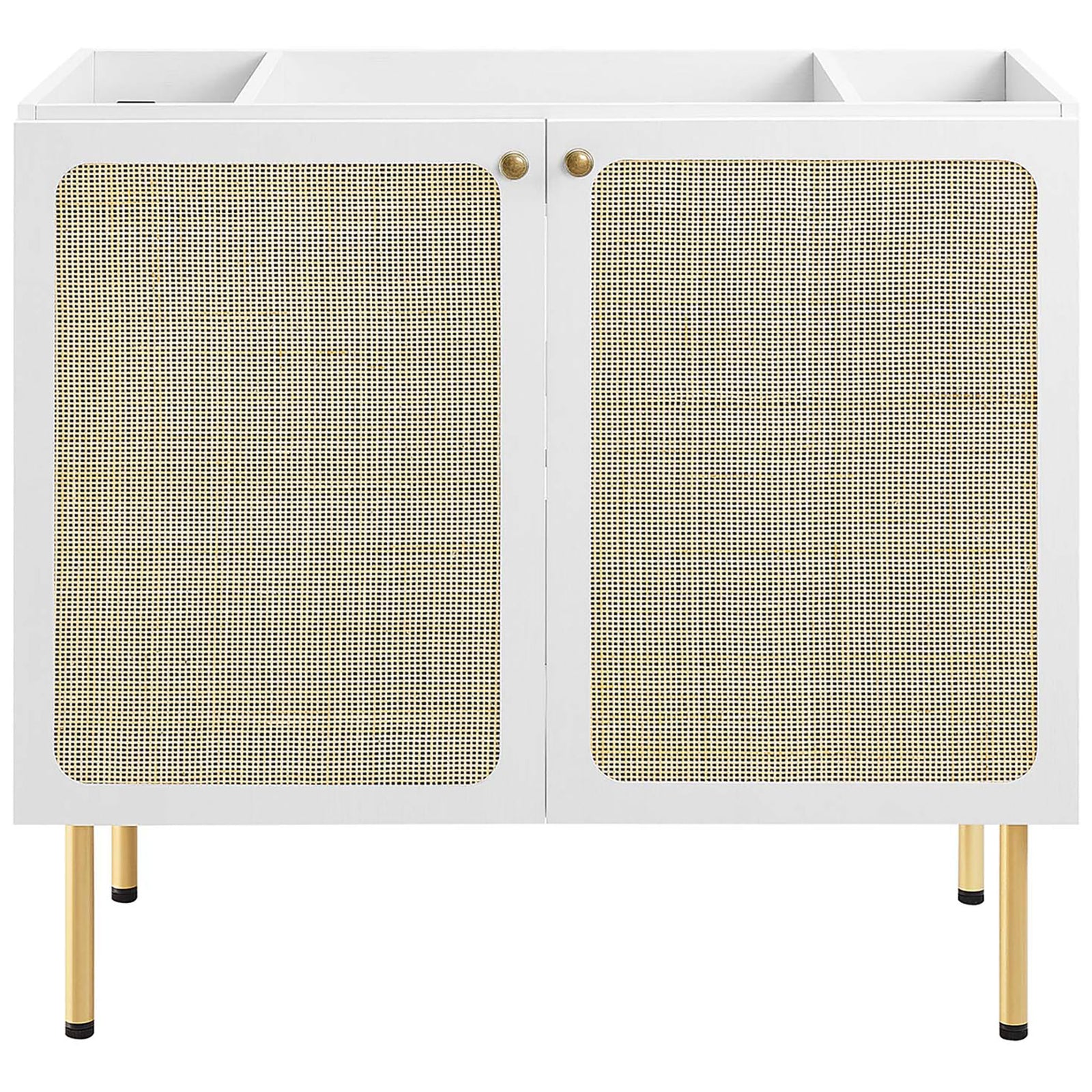 White vanity cabinet with cane-textured doors and brass knobs on tall legs || EEI-6697-WHI-WHI || front_partial_studio