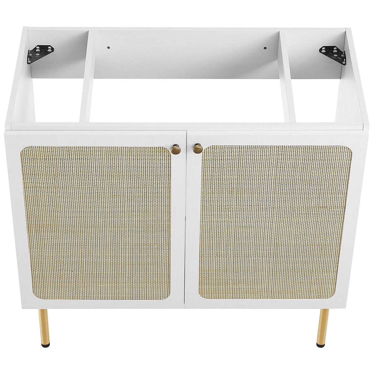 Open cabinet top awaiting sink installation above rattan-front doors || EEI-6697-WHI-WHI || top_angle_partial_studio