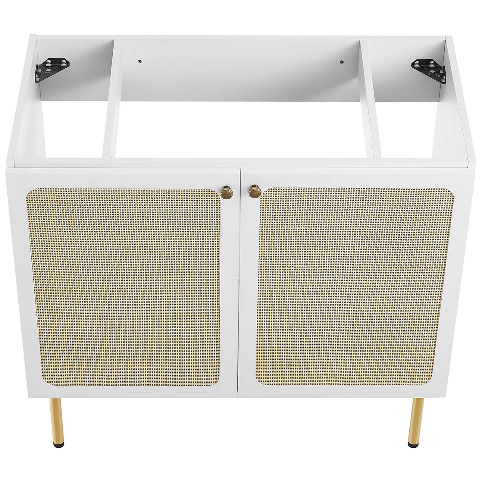 Open cabinet top awaiting sink installation above rattan-front doors || EEI-6697-WHI-WHI || top_angle_partial_studio