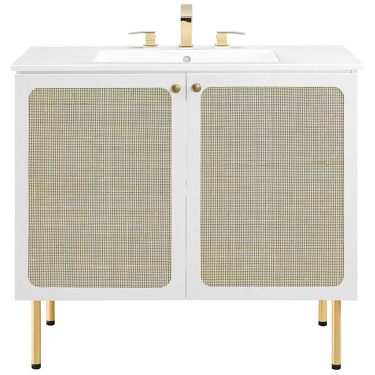 White 36-inch vanity with rattan-weave doors, brass-tone legs, and integrated ceramic sink || EEI-6697-WHI-WHI || front_studio