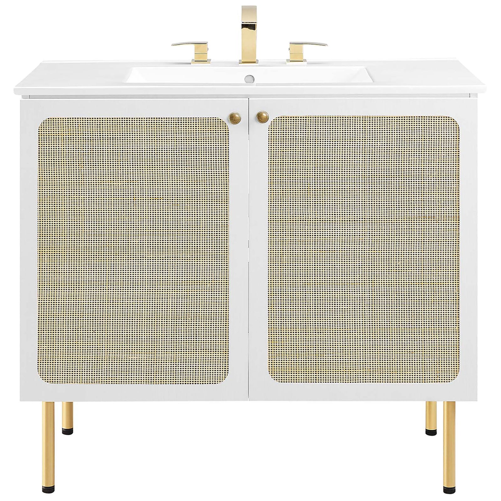 White 36-inch vanity with rattan-weave doors, brass-tone legs, and integrated ceramic sink || EEI-6697-WHI-WHI || front_studio