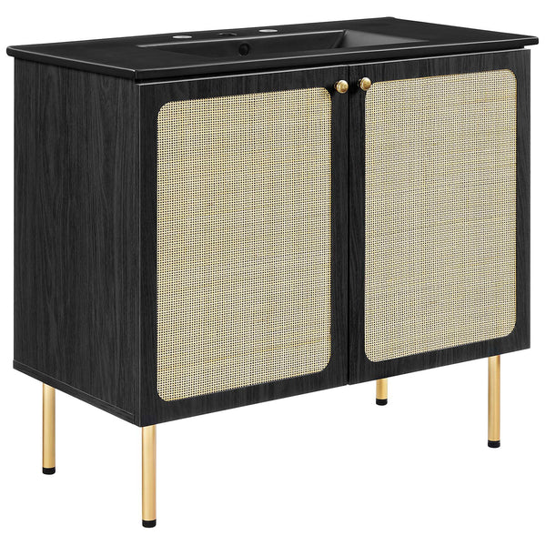 Spacious vanity blends cane-front doors with slim gold legs and a sleek sink || EEI-6698-BLK-BLK || front_angle_studio