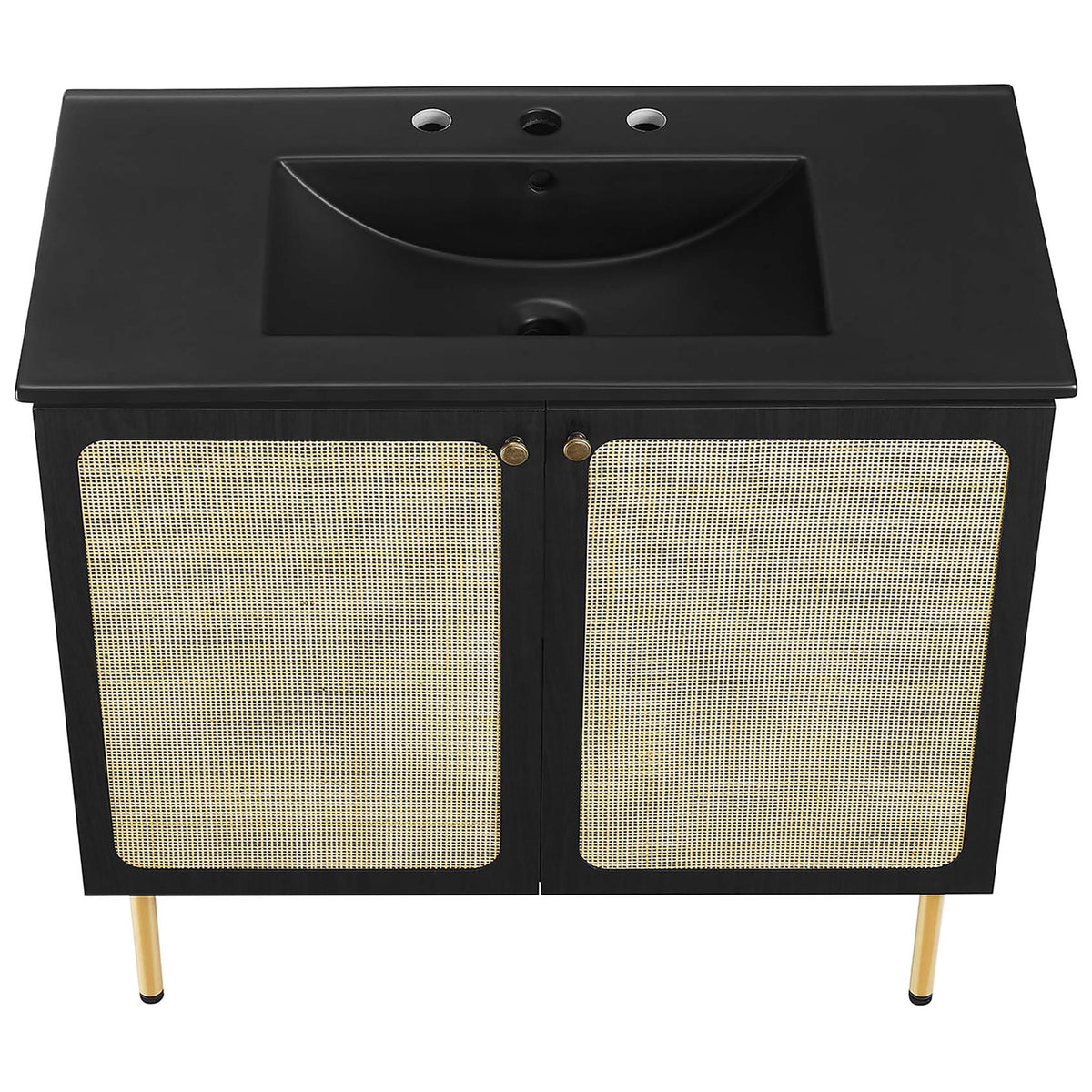 Generous black sink with flat deck and curved bowl over cane-front doors || EEI-6698-BLK-BLK || top_angle_studio