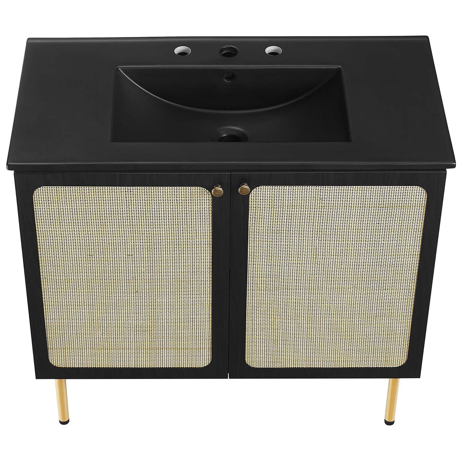 Generous black sink with flat deck and curved bowl over cane-front doors || EEI-6698-BLK-BLK || top_angle_studio