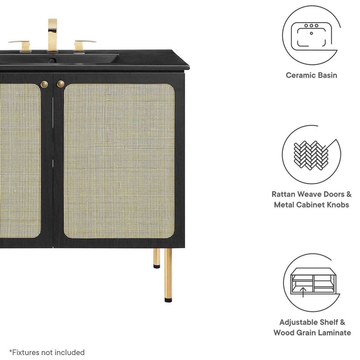 Durable vanity with ceramic sink, cane doors, and metal knobs || EEI-6698-BLK-BLK || callout_studio