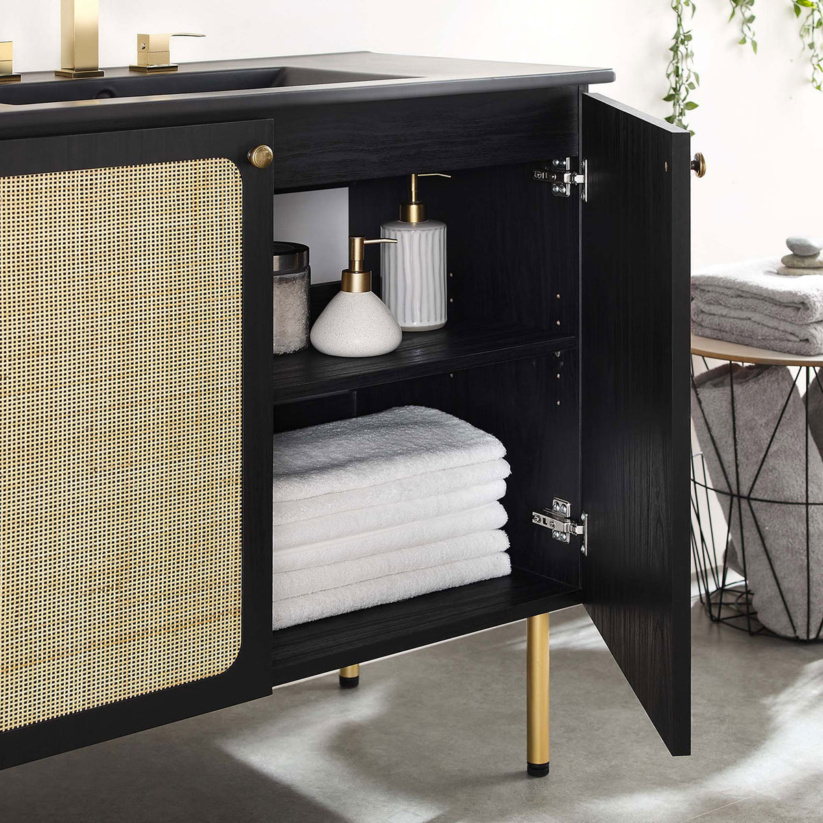 Spacious interior with adjustable shelf keeps essentials neatly organized || EEI-6698-BLK-BLK || storage_open_room