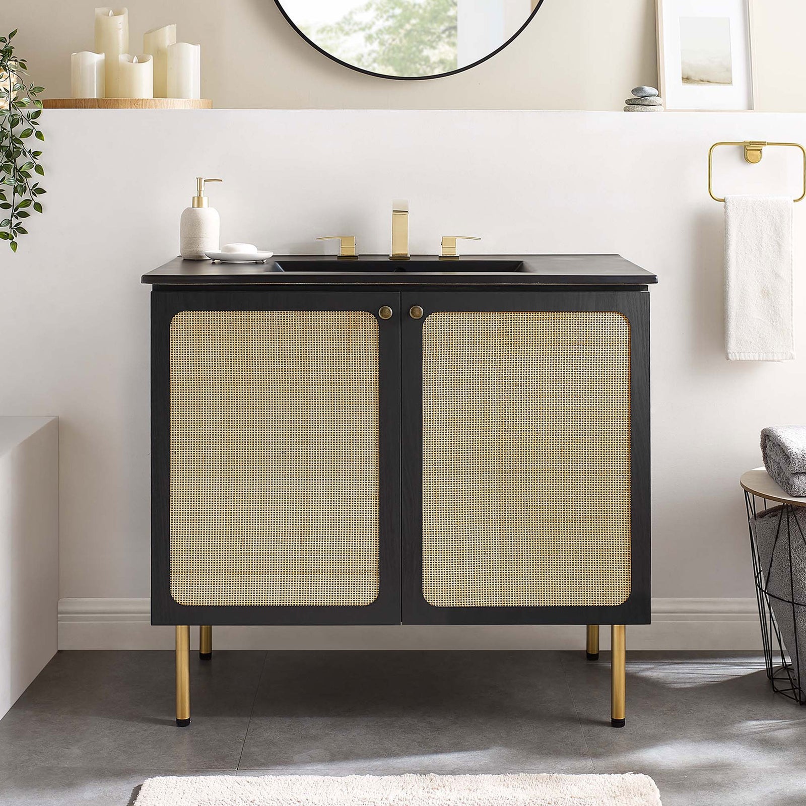 Modern, airy bath style with black wood grain, cane doors, and gold accents || EEI-6698-BLK-BLK || front_room