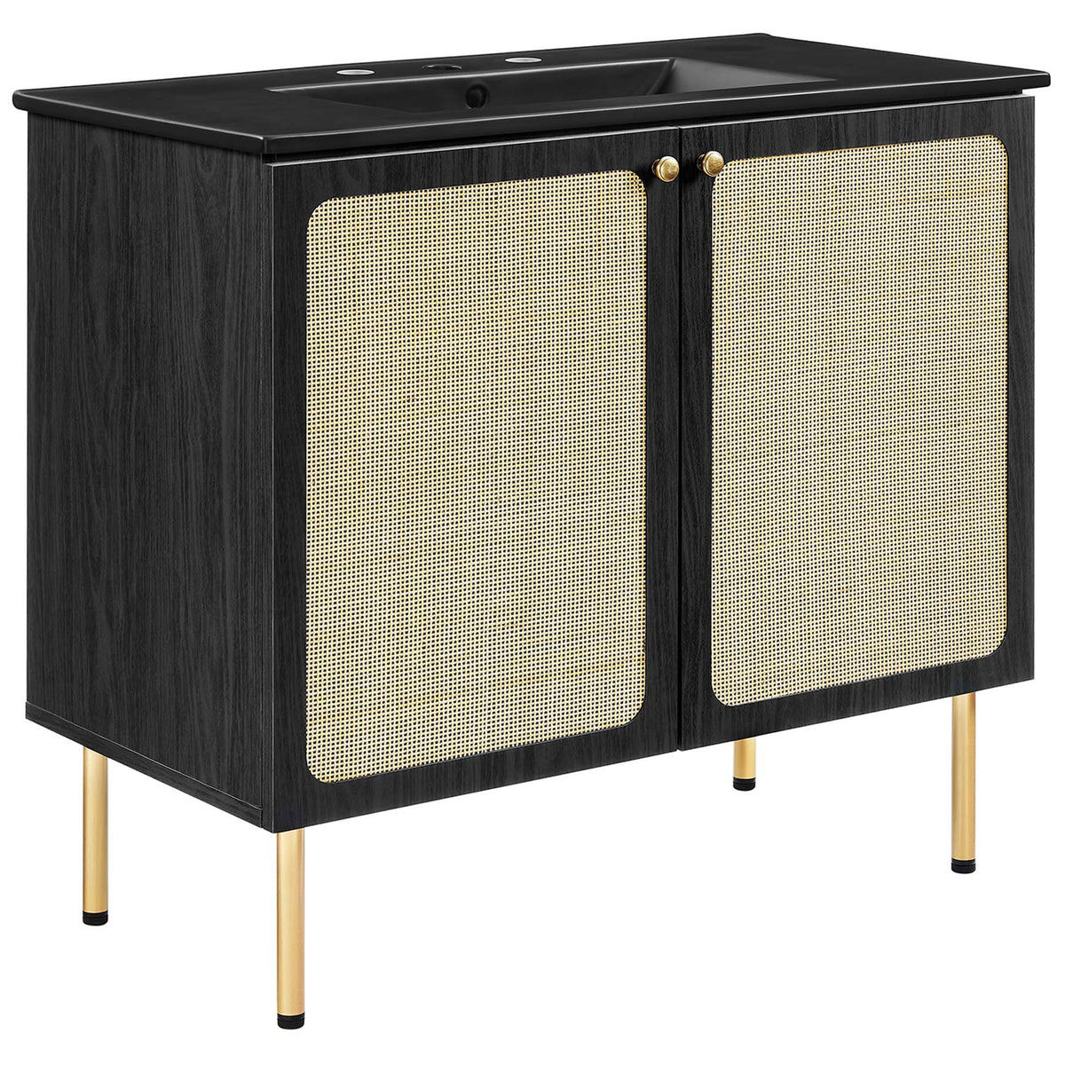 Spacious vanity blends cane-front doors with slim gold legs and a sleek sink || EEI-6698-BLK-BLK || front_angle_studio