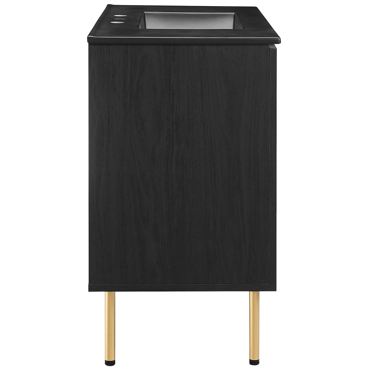 Wide cabinet profile in black wood grain with gold-tone legs and integrated basin || EEI-6698-BLK-BLK || side_studio