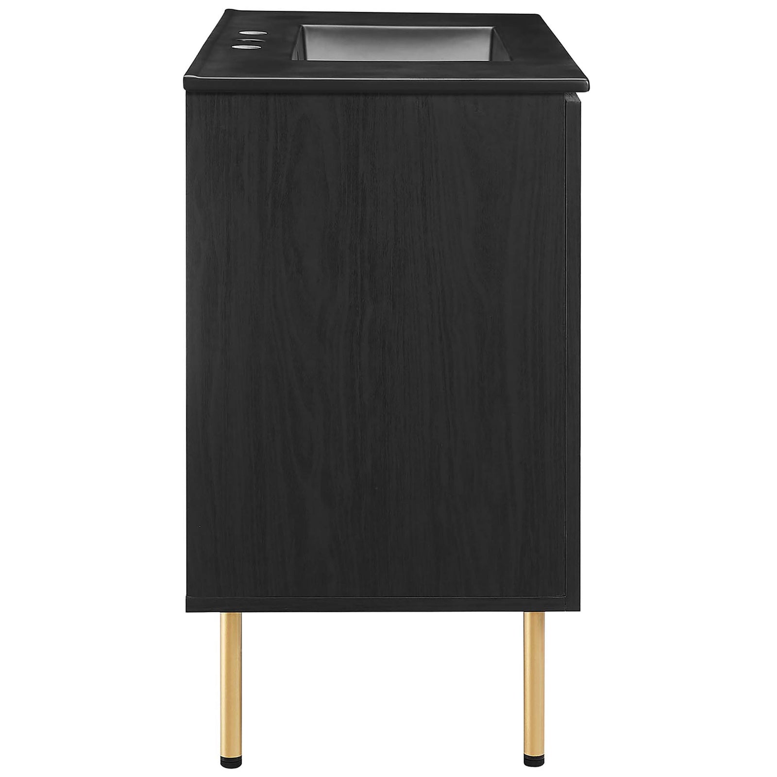 Wide cabinet profile in black wood grain with gold-tone legs and integrated basin || EEI-6698-BLK-BLK || side_studio