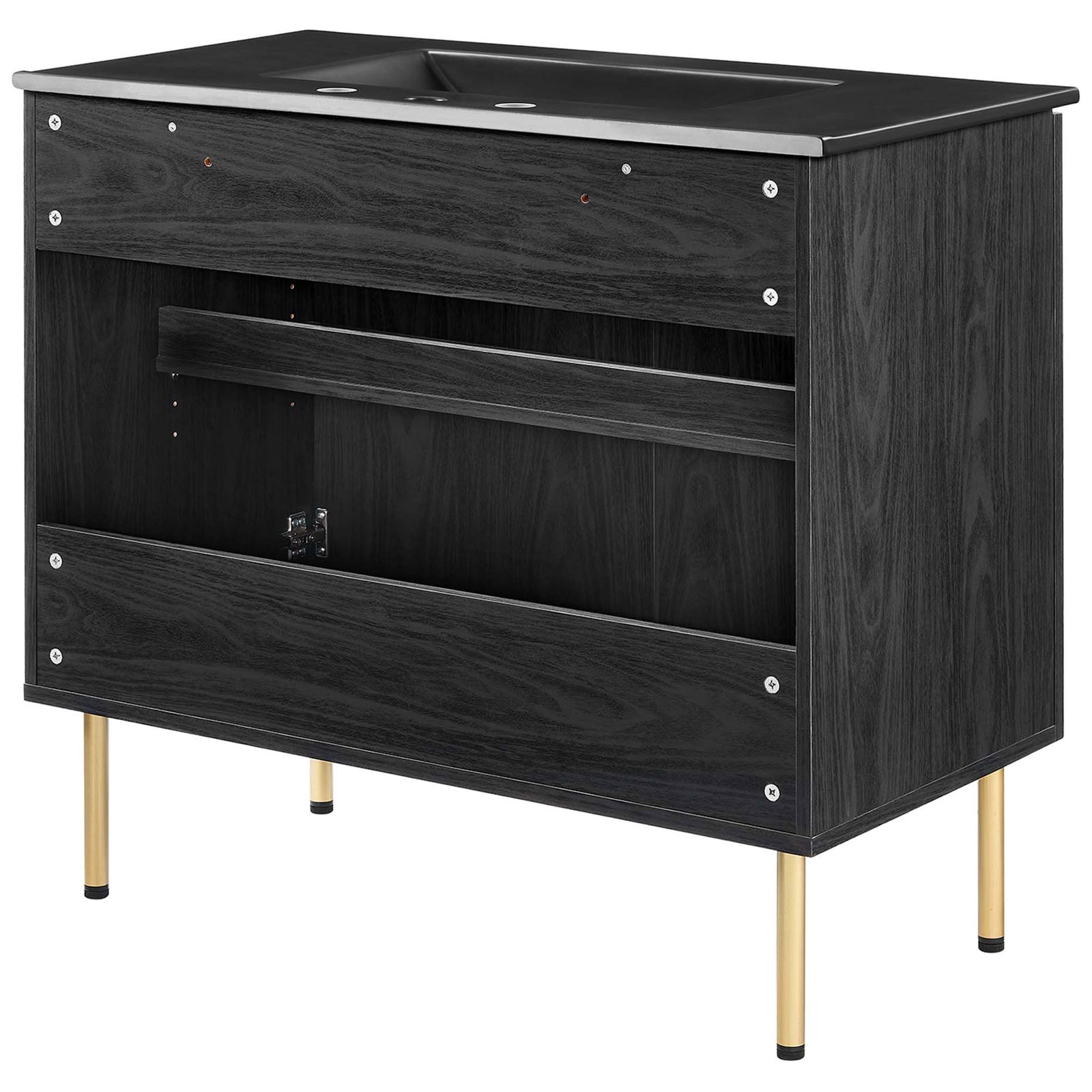 Open-back cabinet eases plumbing setup; gold legs provide modern polish || EEI-6698-BLK-BLK || back_angle_studio