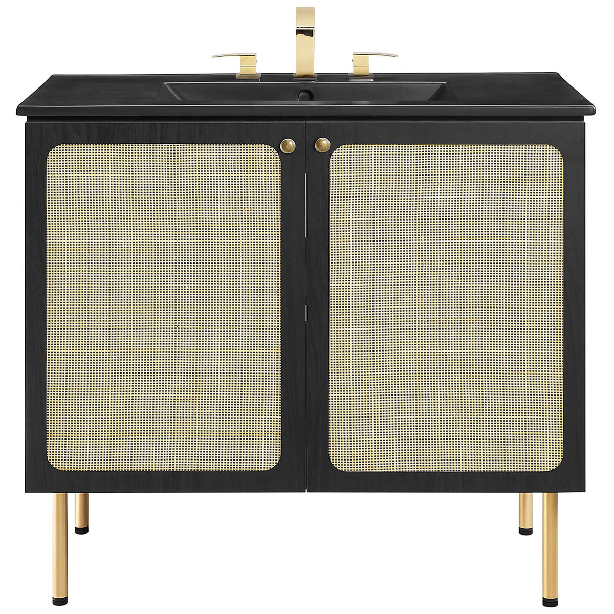 36-inch black vanity with cane doors, brass knobs, and a matching black ceramic sink || EEI-6698-BLK-BLK || front_studio