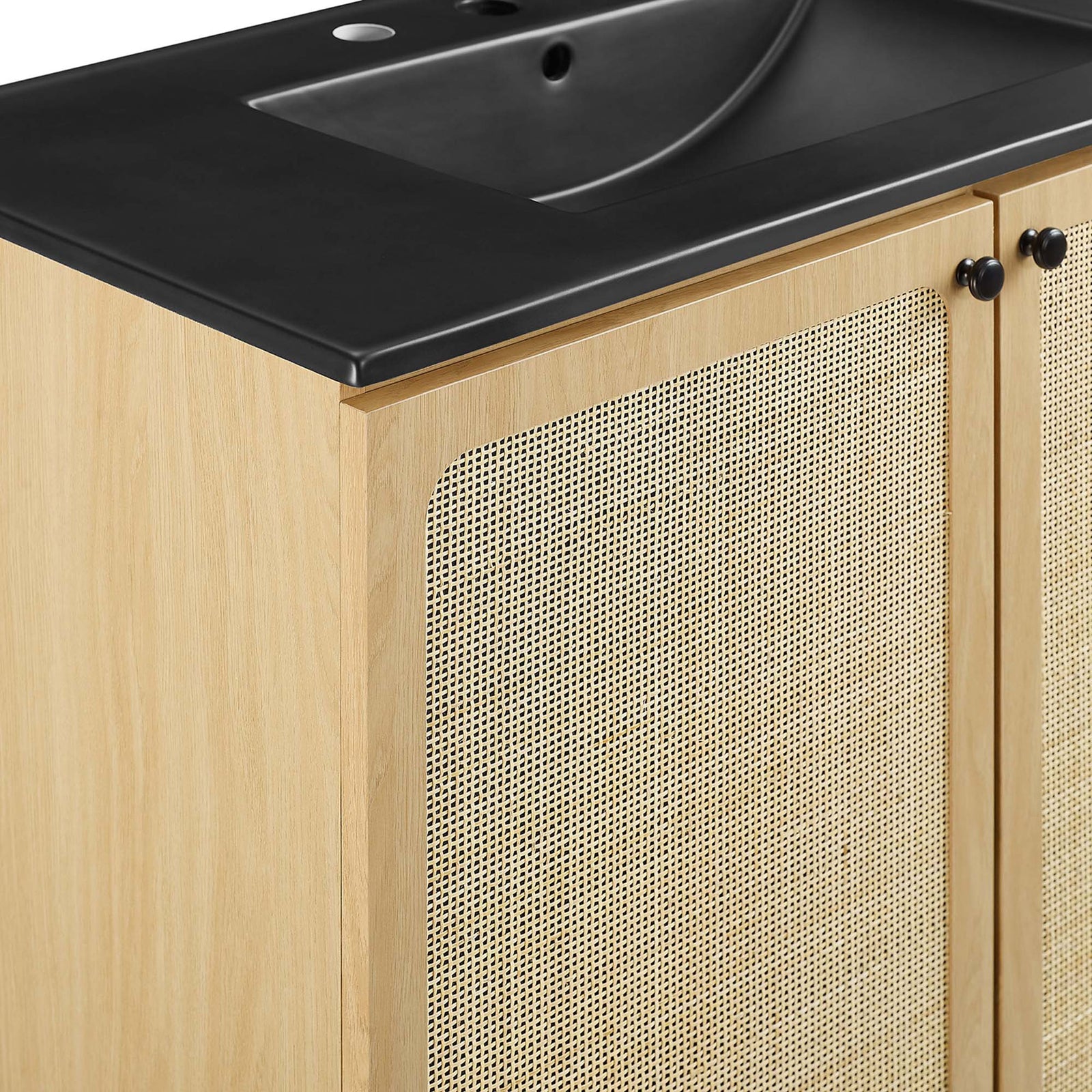 Crisp countertop edge contrasts beautifully with oak veneer and cane. || EEI-6698-OAK-BLK || detail_studio