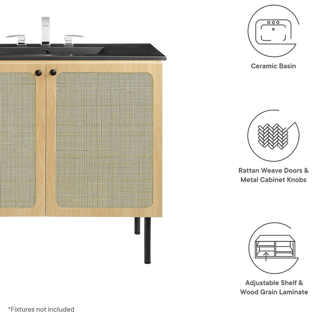 Feature icons spotlight ceramic basin, rattan doors, and adjustable shelf. || EEI-6698-OAK-BLK || callout_studio