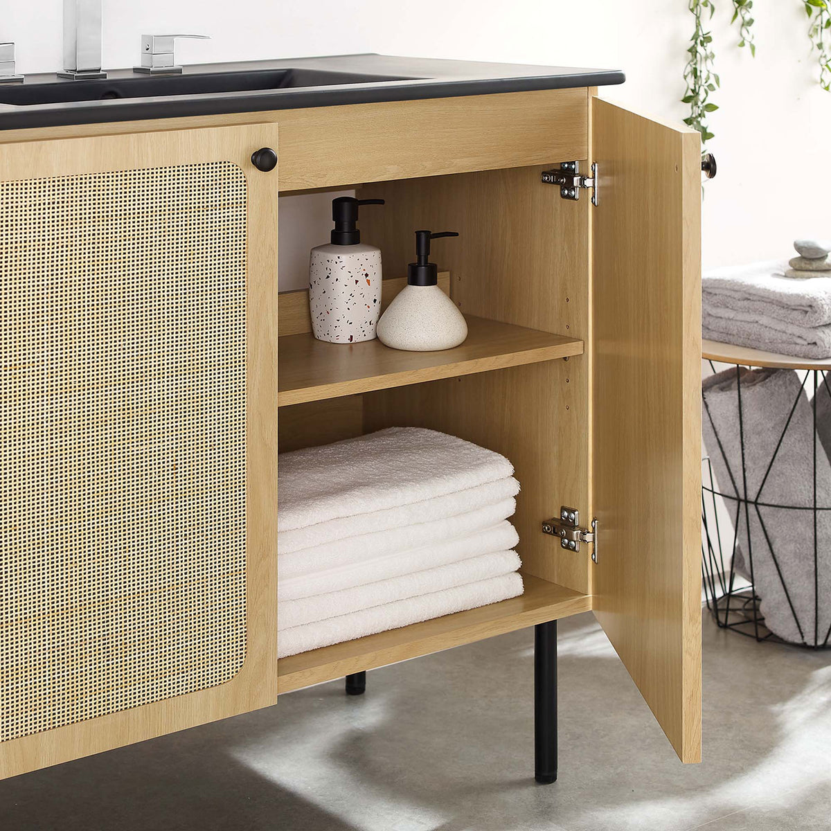 Roomy interior with adjustable shelf keeps towels and bottles organized. || EEI-6698-OAK-BLK || storage_open_room