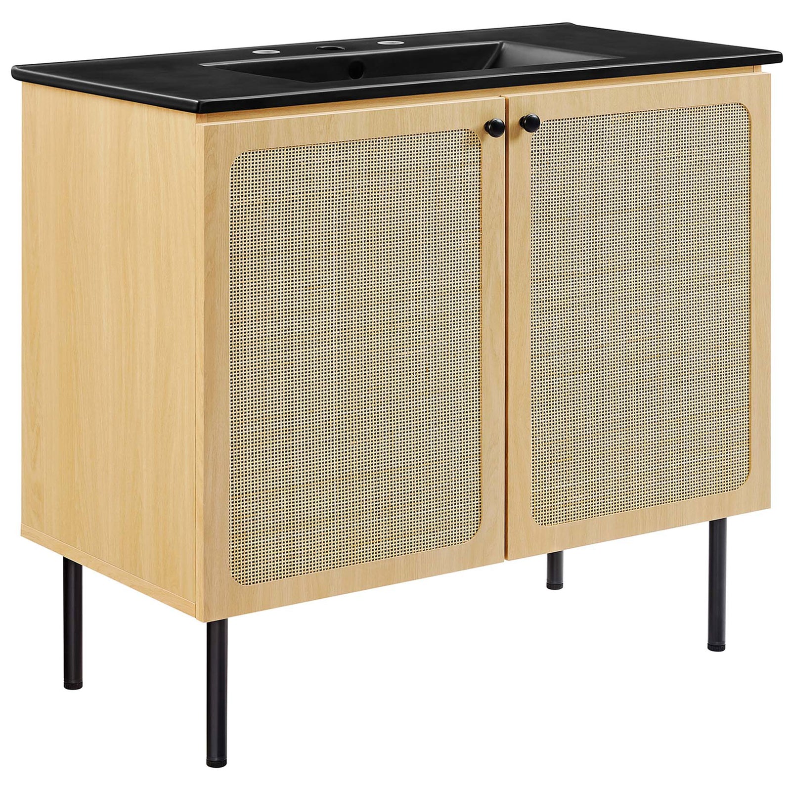 Oak grain and cane panels bring natural texture to this spacious vanity. || EEI-6698-OAK-BLK || front_angle_studio