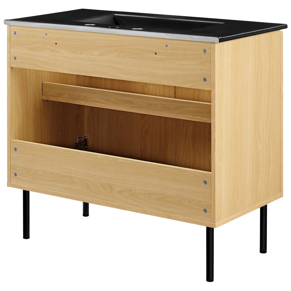Accessible back and interior shelf support easy plumbing and storage. || EEI-6698-OAK-BLK || back_angle_studio