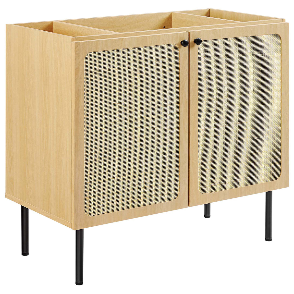 Spacious cabinet in oak showcases cane fronts and natural wood grain. || EEI-6698-OAK-BLK || front_angle_partial_studio