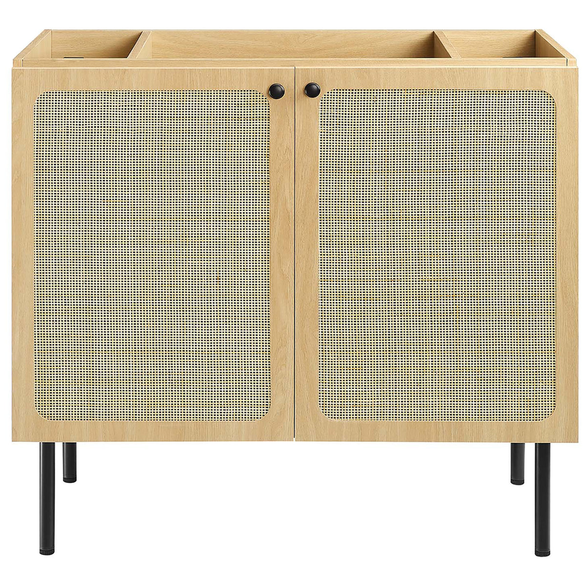 Wide double-door cabinet shows woven rattan texture and black knobs. || EEI-6698-OAK-BLK || front_partial_studio