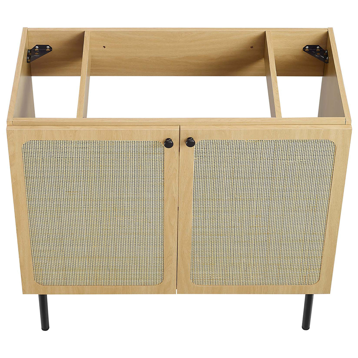 Cabinet top prepared for basin installation with internal shelf support. || EEI-6698-OAK-BLK || top_angle_partial_studio